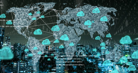 Image of cloud icons and data processing over world map. Global connections, digital interface, data...