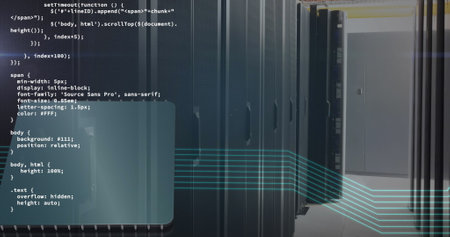 Image of data processing over server room. Global technology, computing and digital interface...