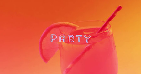 Image of party neon text and cocktail on orange background. Party, drink, entertainment and celebration concept digitally generated image.の写真素材