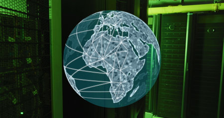 Image of globe and data processing over computer servers. Global connections, digital interface, data processing and computing concept digitally generated image.の写真素材