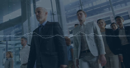Image of financial data processing over business people working in office. global business,...