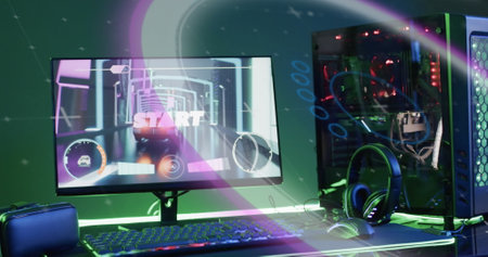 Image of scope and data processing over image game computer equipment. Global image game, digital...