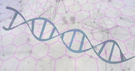 Image of data processing over dna strand. Global science and digital interface concept digitally generated image.の写真素材