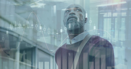 Image of statistic processing over african american man in city. global finances, communication and...
