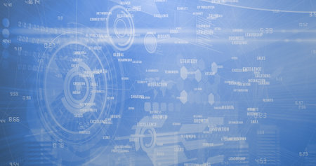 Image of speech bubble with likes and numbers, scopes scanning and business text on blue. global technology, connections and digital interface concept digitally generated image.の写真素材