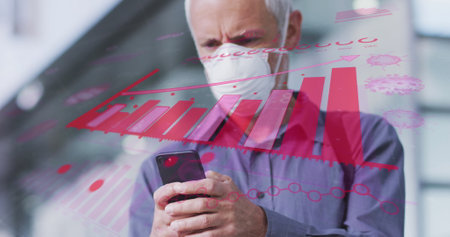 Image of data processing over senior man wearing face mask. global covid 19 pandemic and vaccination concept digitally generated image.の写真素材