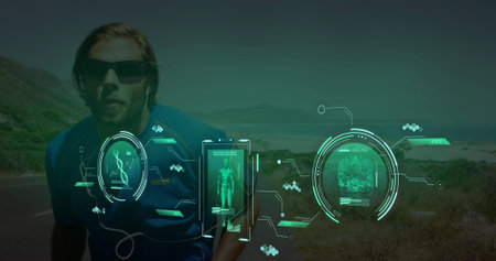 Image of data processing over caucasian man running. Global sports, science, computing, digital interface and data processing concept digitally generated image.の写真素材