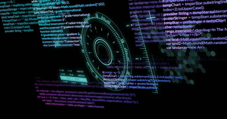 Image of data processing over scopes scanning. Global computing, digital interface and data...