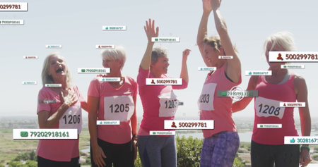 Image of social media notifications, over female runners celebrating after race. positive feelings and wellbeing social media concept, digitally generated image.の写真素材