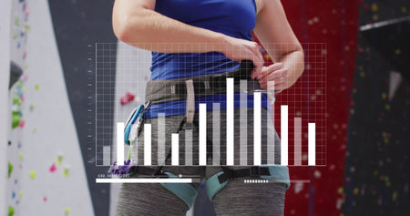 Image of data processing over caucasian woman climbing wall. Global sports, science, computing,...