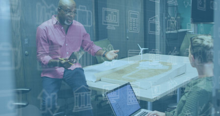 Image of data processing and icons over diverse business people working in office. Global business,...