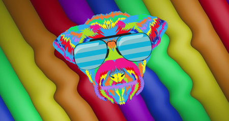 Image of rainbow face in glasses over rainbow stripes and colours moving on seamless loop. Pride month, lgbtq, human rights and equality concept digitally generated image.の写真素材