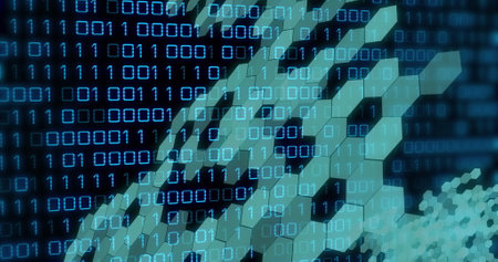 Image of data processing and binary coding over network of hexagons. Global computing, digital...