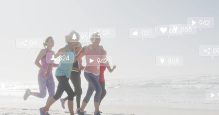 Image of social media notifications, over women running on beach. positive feelings and wellbeing...