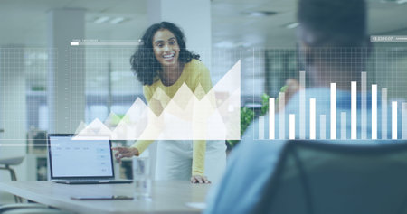 Image of financial data processing over diverse business people working in office. Global business,...