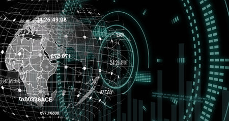 Image of data processing and globe over scopes scanning. Global computing, digital interface and...