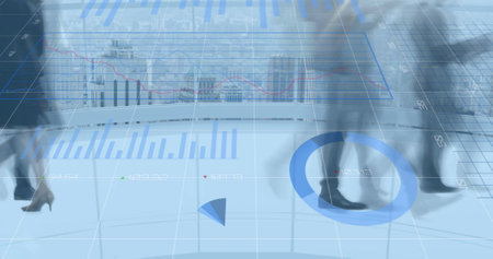 Image of financial data processing over business people walking. global business, finances and digital interface concept digitally generated image.の写真素材