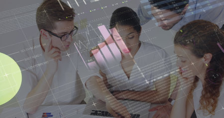 Image of statistics and financial data processing over business people in meeting. global business,...