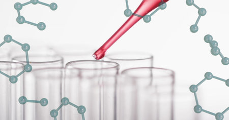 Image of chemical structures over laboratory dishes on white background. Science, research and laboratory concept digitally generated image.の写真素材