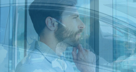 Image of caucasian woman in car over caucasian businessman thinking. global business, finances and digital interface concept digitally generated image.の写真素材