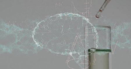 Image of scientific data processing over laboratory dishes on grey background. Science, research and laboratory concept digitally generated image.の写真素材