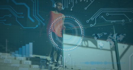 Image of digital data processing over disabled male athlete with running blades. global sports, competition, disability and digital interface concept digitally generated videの写真素材