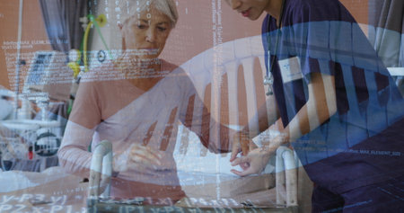 Image of dna strand and data over diverse female doctor helping senior patient use walking frame. Medical and healthcare services concept digitally generated image.の写真素材