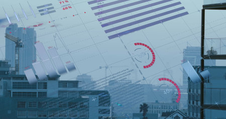 Image of financial data processing over cityscape. Global business, finance, data processing and...