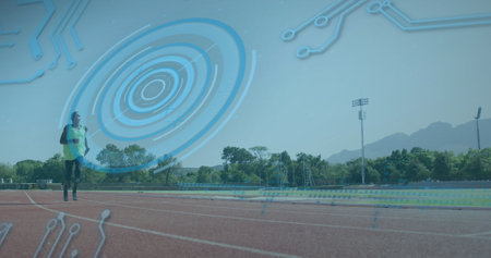 Image of digital data processing over disabled male athlete with running blades on racing track. global sports, competition, disability and digital interface concept digitally generated image.の写真素材