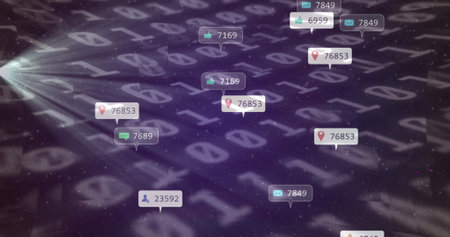 Image of social media icons on banners over binary coding. global communication, digital interface...