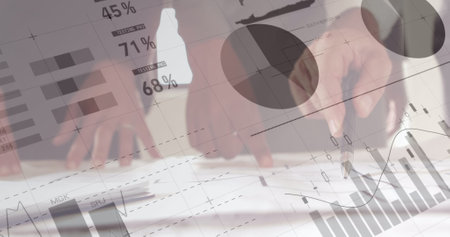 Image of statistics and financial data processing over architects with plans in meeting....