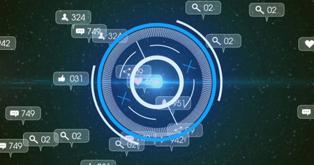 Image of social media icons on banners over scope scanning. global online communication, digital...