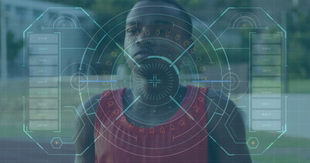 Image of digital data processing over male athlete jumping. global sports, competition and digital interface concept digitally generated image.の写真素材