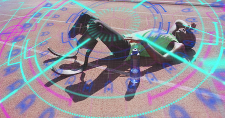 Image of digital data processing over disabled male athlete with running blades on racing track....