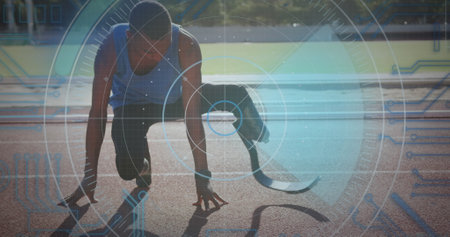 Image of digital data processing over disabled male athlete with running blades on running track....