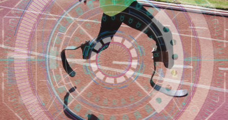 Image of digital data processing over disabled male athlete with running blades on running track. global sports, competition, disability and digital interface concept digitally generated image.の写真素材