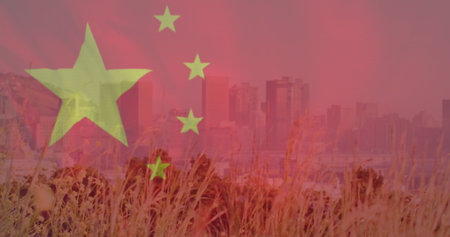 Image of flag of china over cityscape. Global business, finance, data processing and digital interface concept digitally generated image.の写真素材