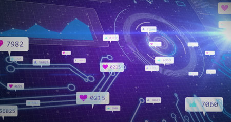 Image of social media icons on banners over data processing and scope scanning. global communication, digital interface and technology concept digitally generated image.の写真素材