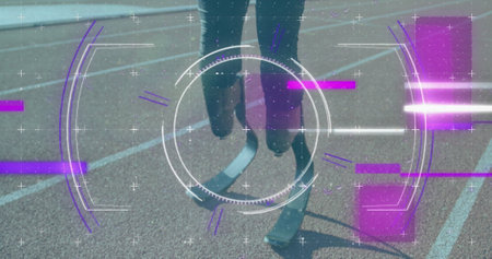 Image of digital data processing over disabled male athlete with running blades on racing track....