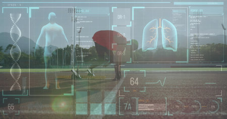 Image of digital data processing over disabled male athlete with running blades on running track. global sports, competition, disability and digital interface concept digitally generated image.の写真素材