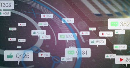 Image of social media icons on banners over scope and data processing. global online communication, digital interface and technology concept digitally generated image.の写真素材