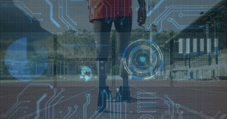 Image of digital data processing over disabled male athlete with running blades on running track. global sports, competition, disability and digital interface concept digitally generated image.の写真素材