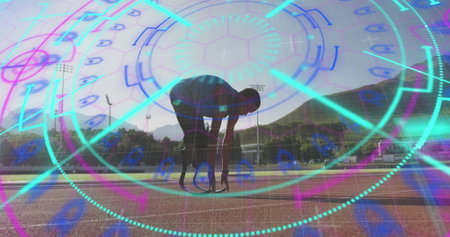 Image of digital data processing over disabled male athlete with running blades on racing track....