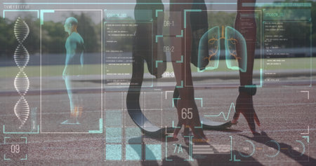 Image of digital data processing over disabled male athlete with running blades on running track. global sports, competition, disability and digital interface concept digitally generated image.の写真素材