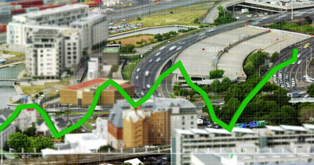 Image of green line and financial data processing over cityscape. Global business, finance, data...