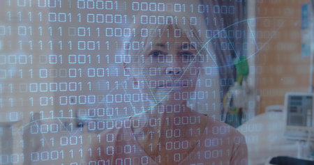 Image of dna strand and binary data over smiling caucasian senior female patient in hospital....
