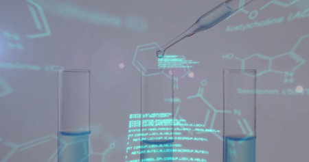 Image of scientific data processing over laboratory dishes on grey background. Science, research and...