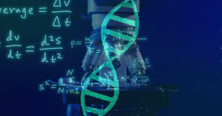 Image of dna strand and scientific data processing over laboratory dishes on blue background....