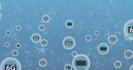 Image of network of connections with 6g text over shapes. global social media, connections and...