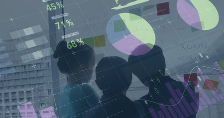 Image of financial data processing over diverse group of business people taking notes. global...
